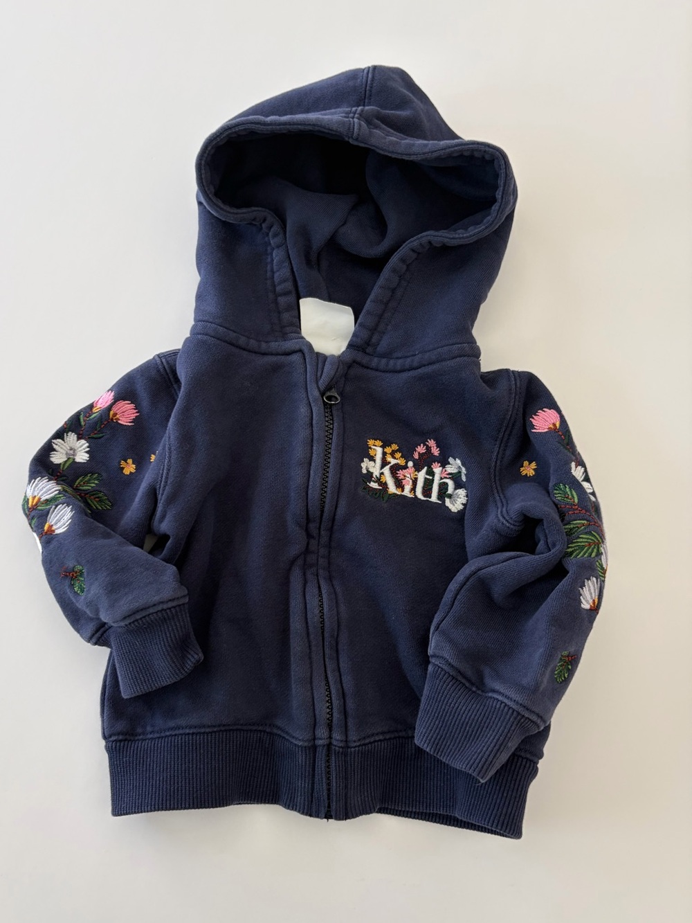 Kith Kids Navy Zip Up Hoodie with Floral Embroidery Size 3-6 Months 100% Cotton